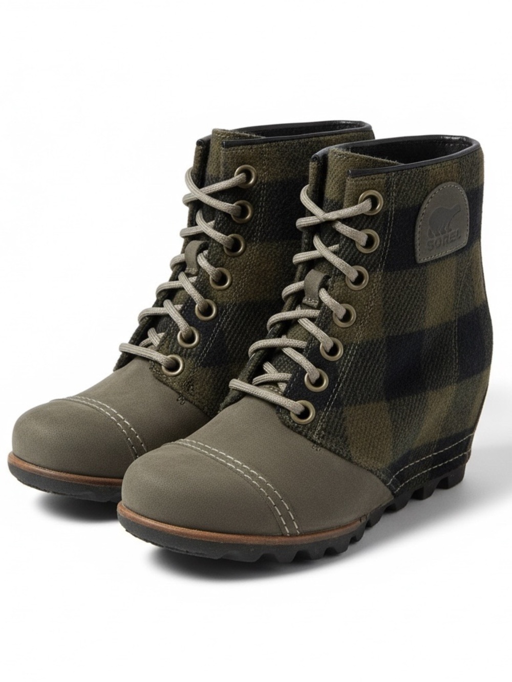 Sorel Women's Olive Plaid Lace-Up Wedge Boots 7.5 US